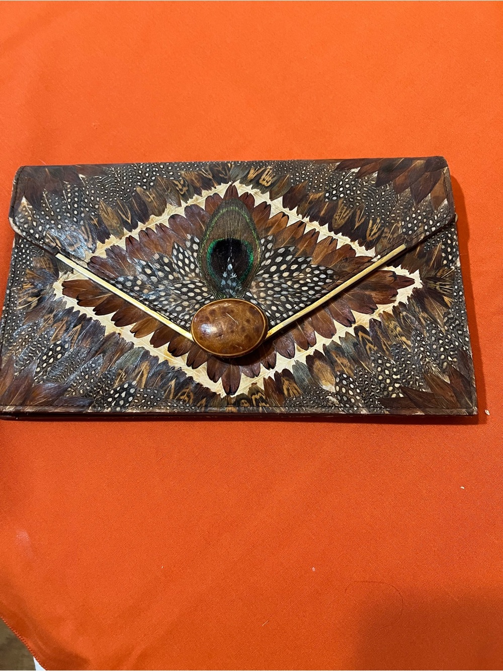 Feather Accent Brown Envelope Clutch - Unbranded